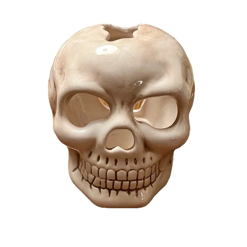 Halloween Skull Skeleton White Ceramic Votive Candle Holder Gothic Decor 5”